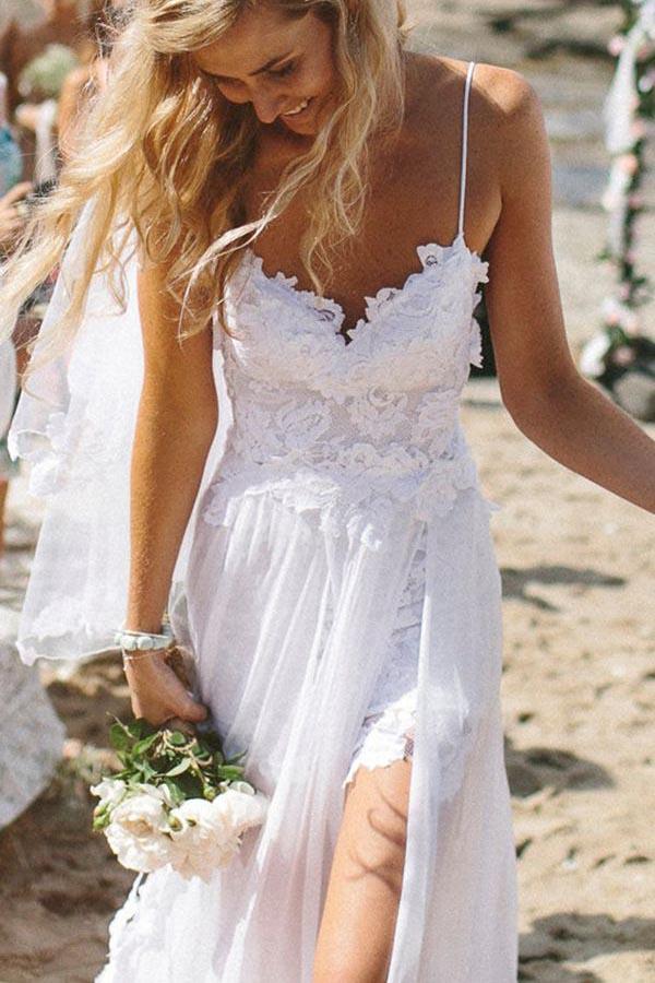 simple spaghetti-straps tulle lace applique beach sheath wedding dress dtw146