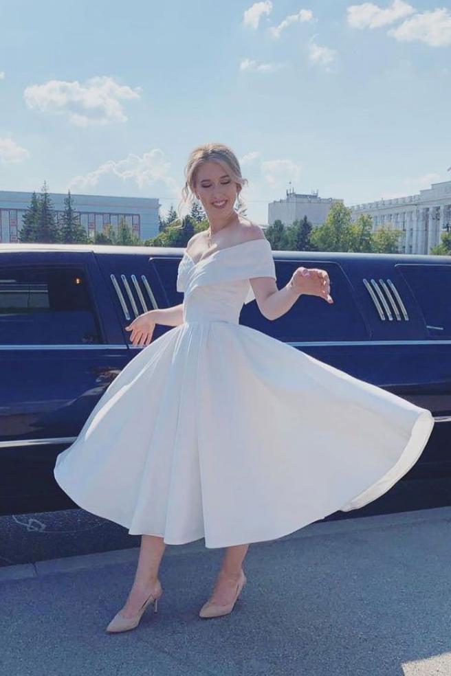 Ivory Off-Shoulder Satin Short Wedding Dress A-Line Ankle Length Homecoming Dress DTH70 DressTok.co.uk Ivory Off-Shoulder Satin Short Wedding Dress A-Line Ankle Length Homecoming Dress DTH70 DressTok.co.uk