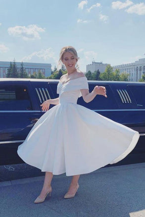 A Line Ankle Length Homecoming Dress, Ivory Off-Shoulder Satin Short Wedding Dress