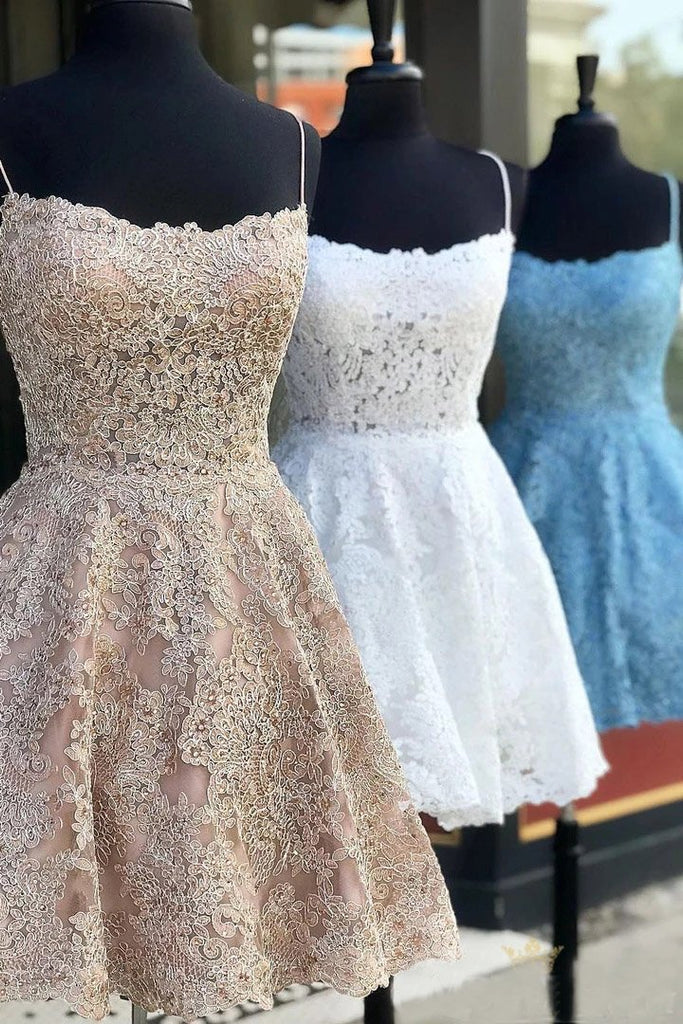 Backless Lace Short Homecoming Dresses, Lace Short Prom Dresses