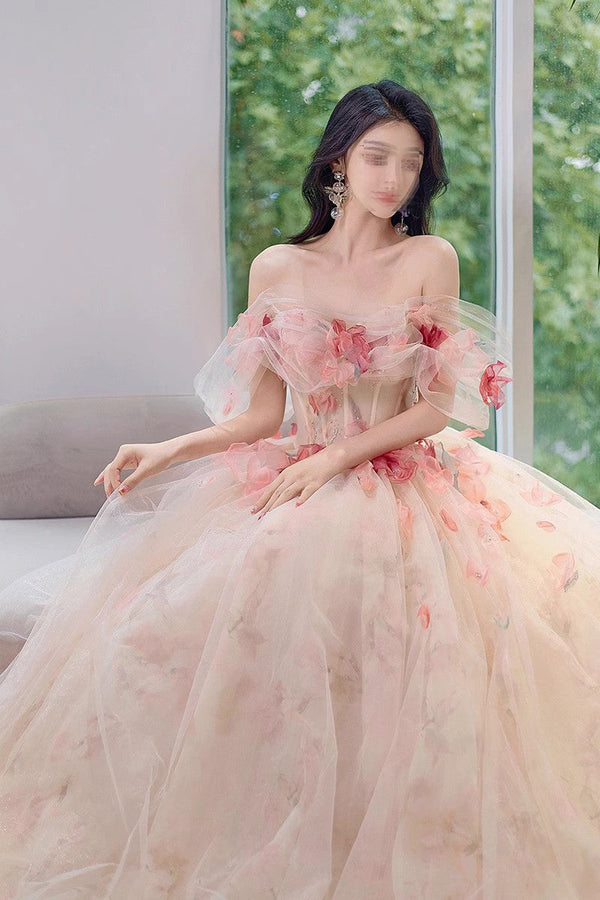 Off-the-Shoulder A Line Tulle Prom Dress Elegant Evening Dress With Fl