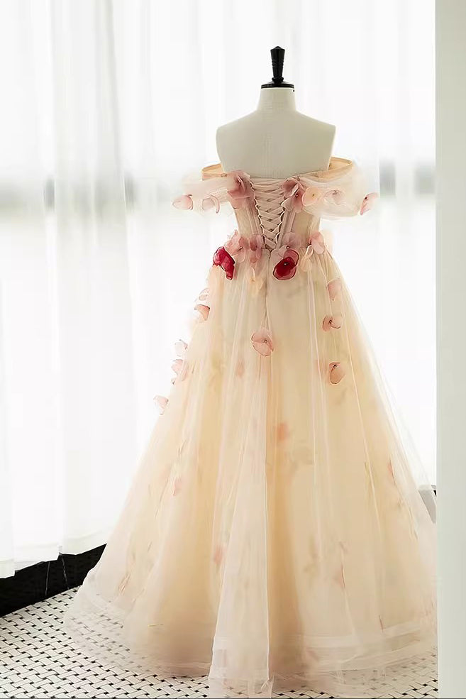 Off-the-Shoulder A Line Tulle Prom Dress Elegant Evening Dress With Flowers