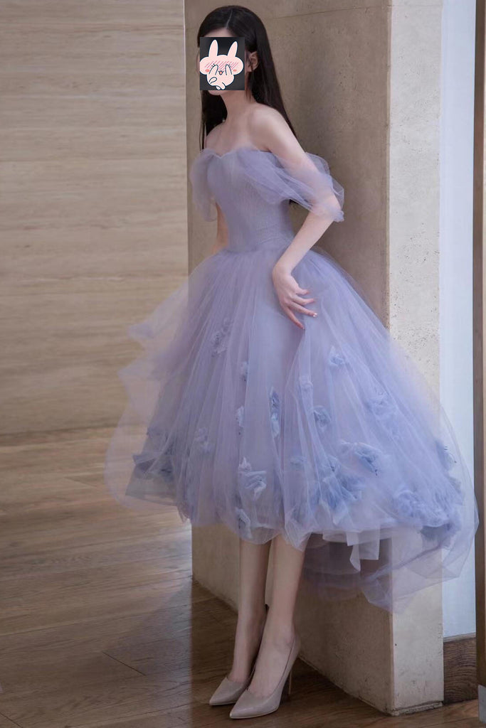 Lavender Tulle Off the Shoulder Homecoming Dress, Short Prom Dress With Flowers