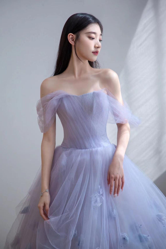 Lavender Tulle Off the Shoulder Homecoming Dress, Short Prom Dress With Flowers