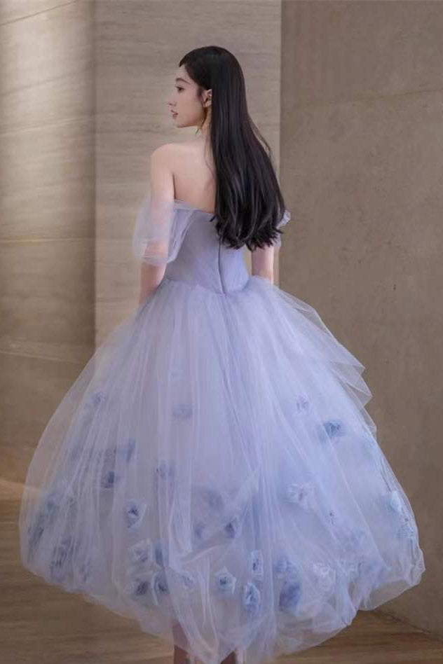 Lavender Tulle Off the Shoulder Homecoming Dress, Short Prom Dress With Flowers