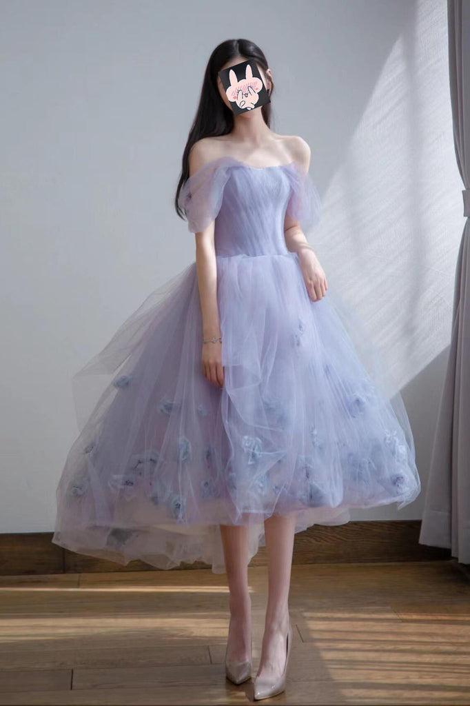 Lavender Tulle Off the Shoulder Homecoming Dress, Short Prom Dress With Flowers