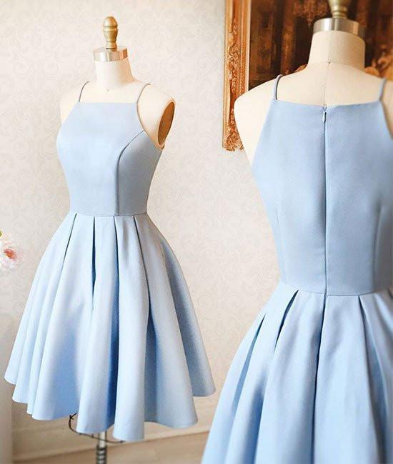 Light Blue Satin Short Prom Dress A-Line Spaghetti Straps Homecoming Dress