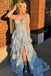 Sparkly Light Blue Corset Tiered Lace Long Prom Dress With Slit