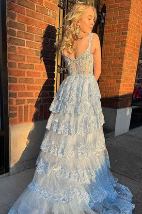 Sparkly Light Blue Corset Tiered Lace Long Prom Dress With Slit