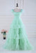 A Line Mint Green Feathers Long Prom Dress With Layered