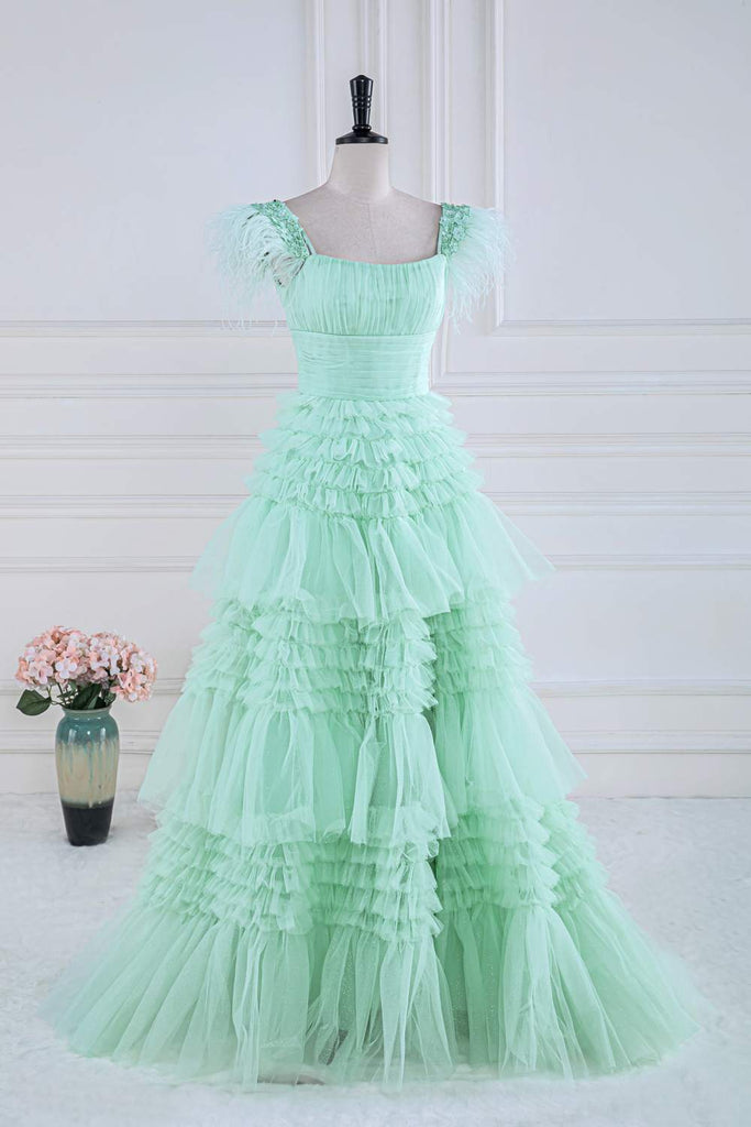 A Line Mint Green Feathers Prom Dress With Layered, Long Formal Gown
