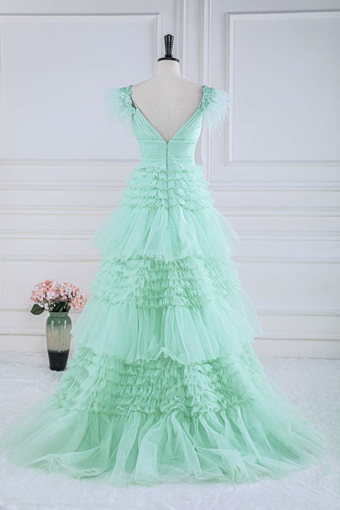 A Line Mint Green Feathers Prom Dress With Layered, Long Formal Gown