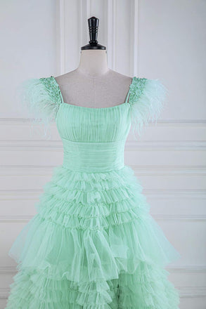 A Line Mint Green Feathers Prom Dress With Layered, Long Formal Gown