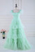 A Line Mint Green Feathers Prom Dress With Layered, Long Formal Gown