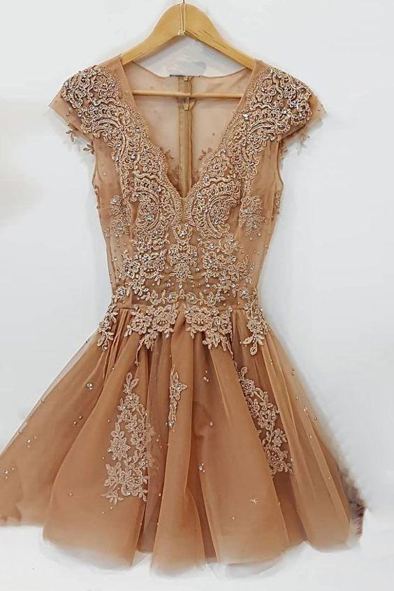 cap sleeve v neck party dress with appliques champagne tulle short homecoming dress dth61
