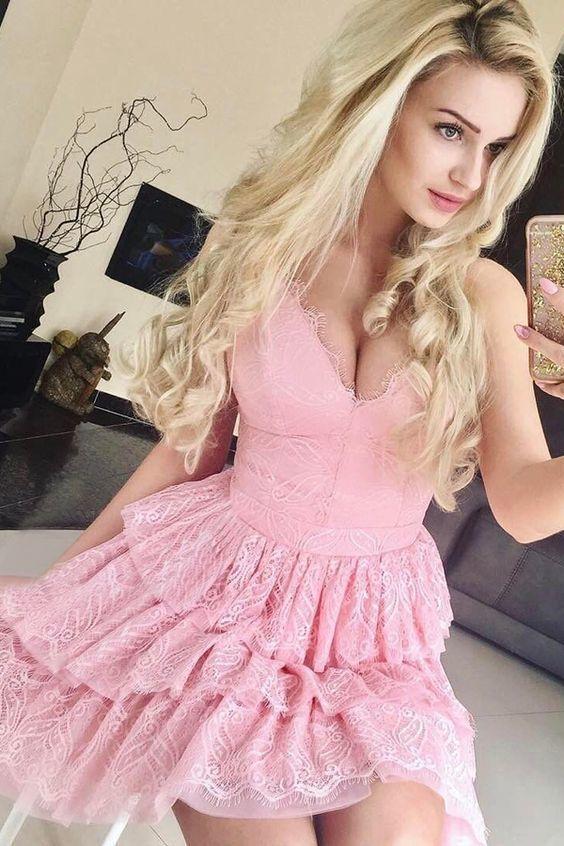 a-line pink graduation gown with ruffles short pink lace homecoming dress dth65