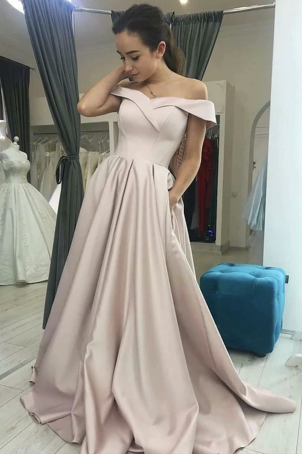 satin simple long prom dress off-the-shoulder evening gowns dtp29