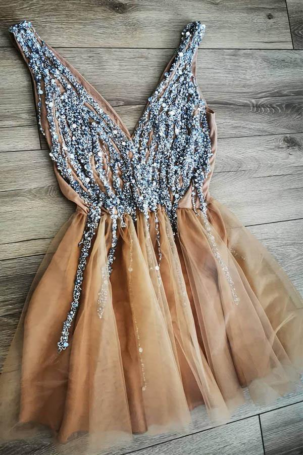 gorgeous v neck a-line homecoming dress party dress with beading dth09