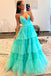 V Neck Aqua Split Tulle Prom Dress With Ruffles, Sleeveless Long Party Gown