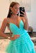 V Neck Aqua Split Tulle Prom Dress With Ruffles, Sleeveless Long Party Gown