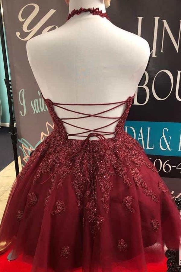 Cute Halter Burgundy Lace A-Line Backless Homecoming Dress