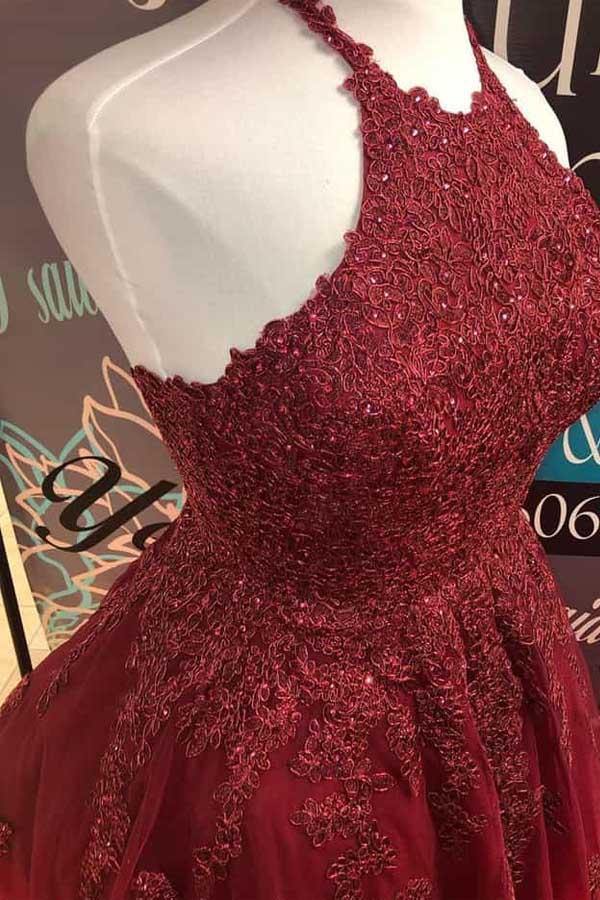 Cute Halter Burgundy Lace A-Line Backless Homecoming Dress