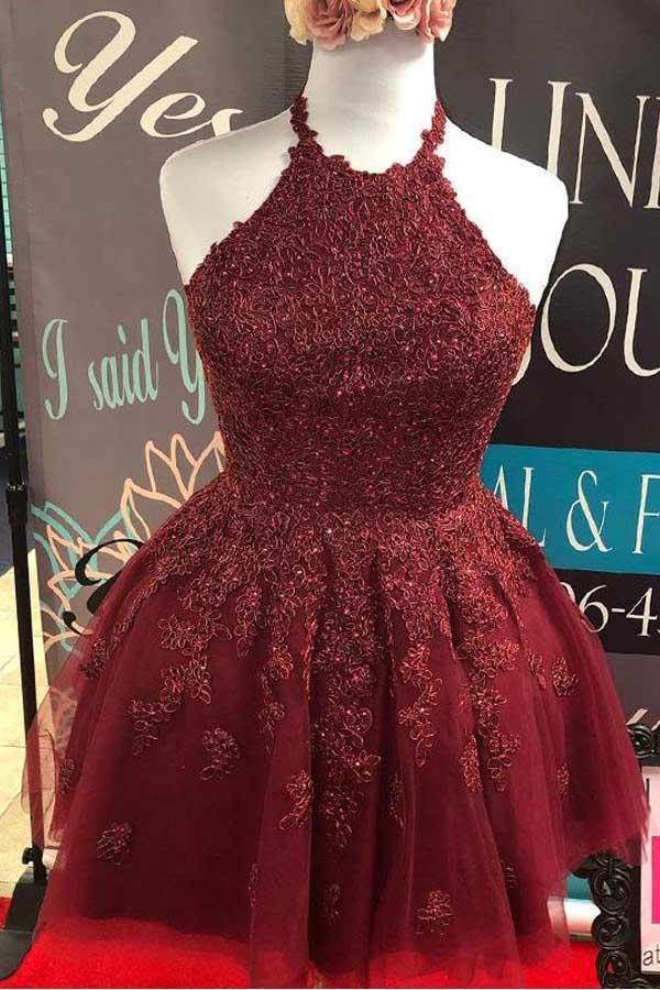 cute halter burgundy lace a-line backless homecoming dress dth11