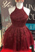 cute halter burgundy lace a-line backless homecoming dress dth11