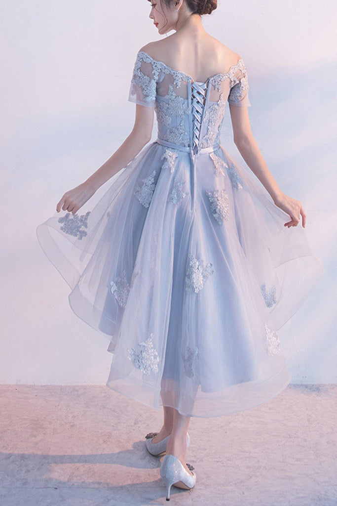 Off-the-shoulder Dusty Blue High Low Homecoming Dress Tulle Short Prom Dress