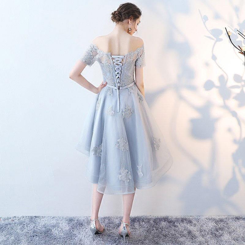 Off-the-shoulder Dusty Blue High Low Homecoming Dress Tulle Short Prom Dress