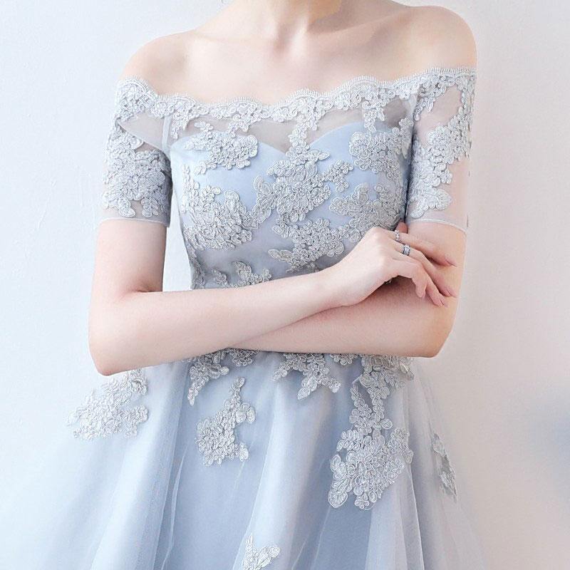 Off-the-shoulder Dusty Blue High Low Homecoming Dress Tulle Short Prom Dress