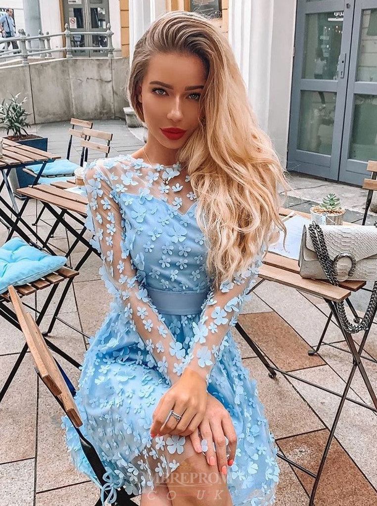 Jewel Appliques Long Sleeves Short Prom Dresses Blue Homecoming Dresses