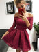 Off-the-Shoulder Long Sleeves Burgundy Lace Homecoming Dress