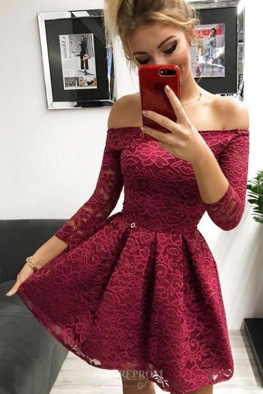 off-the-shoulder long sleeves burgundy lace homecoming dress dth438