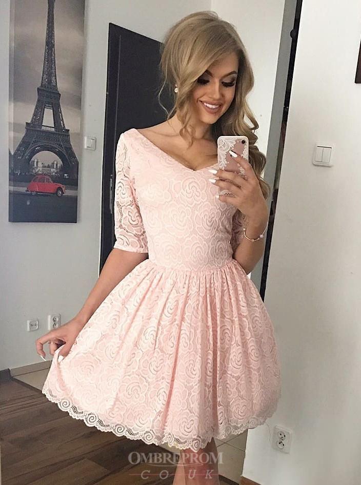 V-neck Half Sleeves Lace Homecoming Dresses Pink Sweet 16 Dresses
