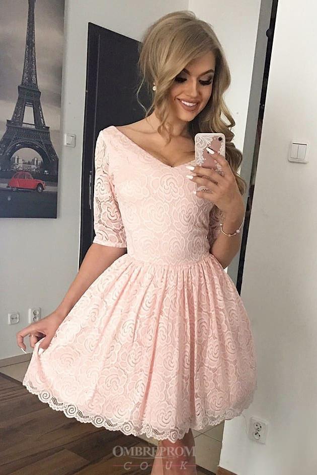 v-neck half sleeves lace homecoming dresses pink sweet 16 dresses dth446