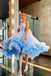 sparkly light blue bateau ball gown short backless prom dress dth437