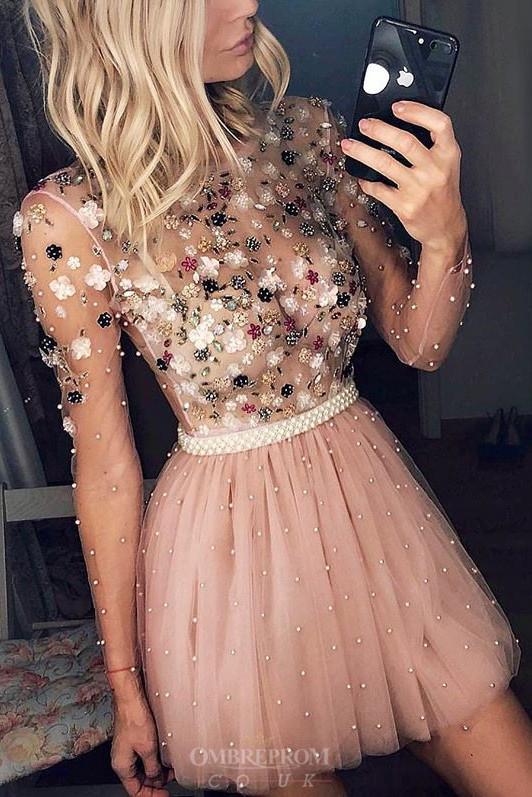 charming long sleeves beaded appliques tulle short prom dresses dth443