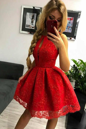 Sexy Jewel Keyhole Lace Party Dress Red Homecoming Gown