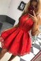Sexy Jewel Keyhole Lace Party Dress Red Homecoming Gown