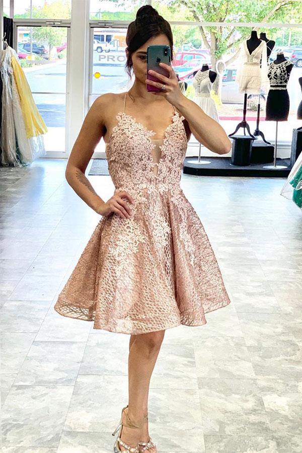 unique lace short prom dress backless homecoming dress with appliques dth01