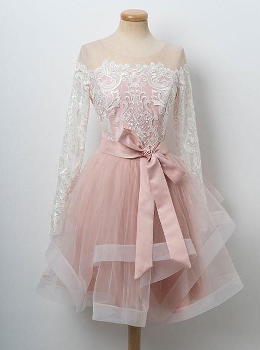pink bowknot sweet 16 dress round neck lace long sleeves tulle short prom dress dtp377