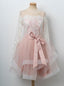 Pink Bowknot Sweet 16 Dress Round Neck Lace Long Sleeves Tulle Short Prom Dress