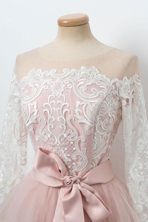 Pink Bowknot Sweet 16 Dress Round Neck Lace Long Sleeves Tulle Short Prom Dress
