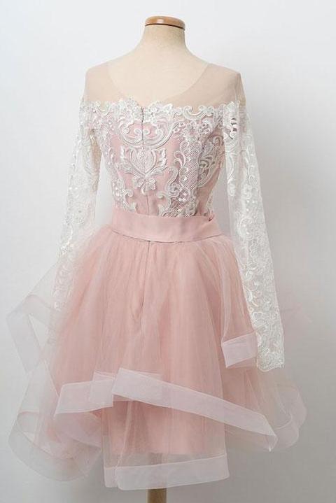 Pink Bowknot Sweet 16 Dress Round Neck Lace Long Sleeves Tulle Short Prom Dress