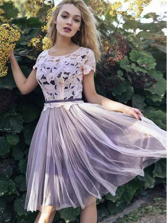 short sleeves lace bodice tulle short homecoming dress dtp207