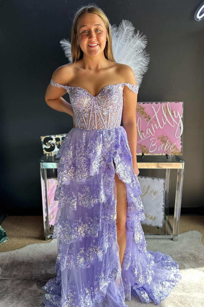 Sparkly Light Blue Corset Tiered Lace Long Prom Dress With Slit