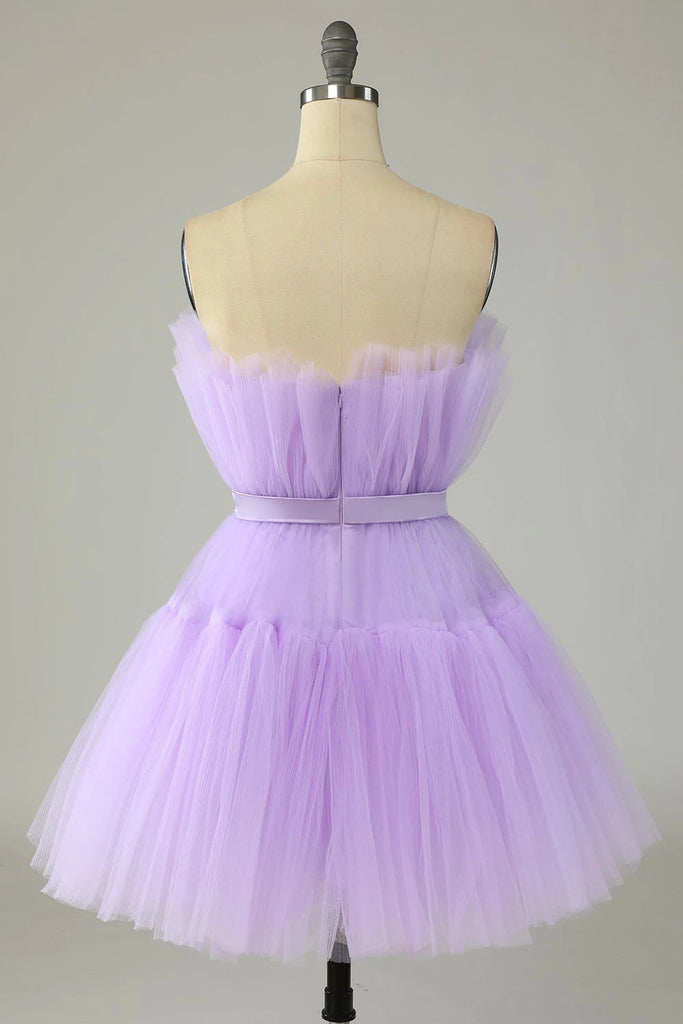 Cute Lavender Strapless Tulle Homecoming Dresses, Cocktail Party Dress with Ribbon