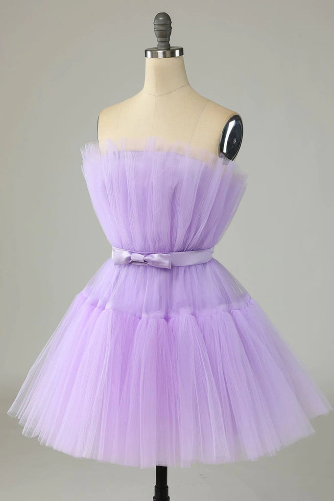 Cute Lavender Strapless Tulle Homecoming Dresses, Cocktail Party Dress with Ribbon