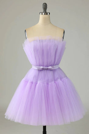 Cute Lavender Strapless Tulle Homecoming Dresses, Cocktail Party Dress with Ribbon